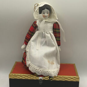 Vintage 8" China Doll Christmas Ornament Porcelain Doll Red Plaid White Apron
